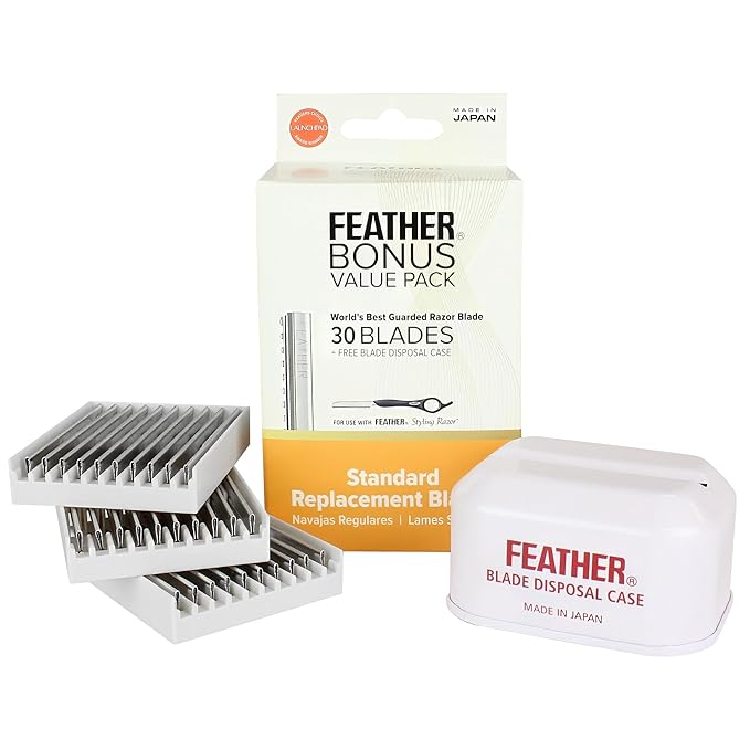 Feather Bonus Value Pack - Styling Razor Standard Blades - Professional Hair Cutting Blades for Styling Shaping Thinning - Single Edge Guarded Blade -Made in Japan- 30 Counts + 1 Blade Disposal Case