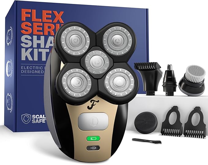 Freebird FlexSeries Electric Head &amp Body Hair Shaver - Mens Cordless Rechargeable Wet/Dry Skull Bald Head Back &amp Groin Waterproof Razor with Rotary Blades Clippers Nose Trimmer Brush Massa