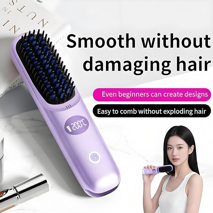 Go Brush Pro Portable Cordless Hair Straightener Brush for Travel Fast Heating Straightening Comb with LCD Display &amp °F/°C Switch Rechargeable Anti-Frizz Styling Tool for Smooth Shiny Hair (Purp