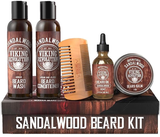 Viking Revolution Ultimate Conditioner for Men's Beard Grooming - Softens Smoothes and Soothes Beard Itch- Contains Wash Conditioner Oil Balm and Comb- Sandalwood Scent