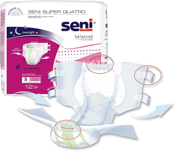 Seni Super Quatro Unisex Adult Incontinence Briefs with Tabs Size Small (22-31) 12 Count (1 Pack of 12) Severe Absorbency Disposable Overnight Briefs for Men &amp Women