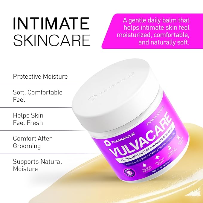 Pharmapulse Organic Vaginal Moisturizer Vulva Balm Cream Intimate Skin Care Menopause Support - Relieves Dryness Itching Burning Redness Chafing Odor Irritation - Estrogen Free 4oz
