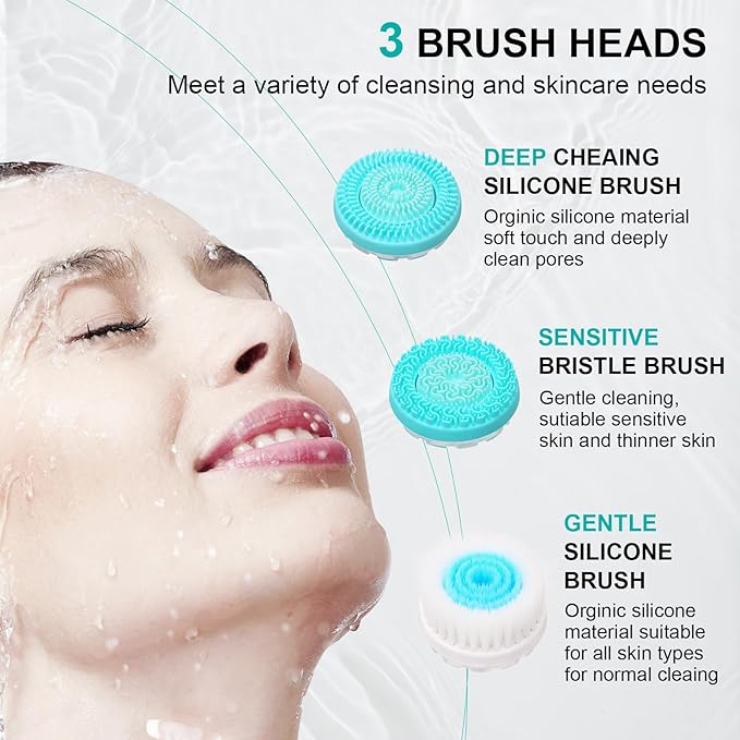 Facial Cleansing Brush 3 in 1 Electric Face Scrubber with 3 Brush Heads for Women/Men Waterproof Rechargeable Face Cleansing Brush for Dry Oily Sensitive Skin (Blue)