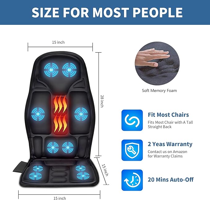 Sotion Seat Massager Vibrating Back Massager for Chair Massage Cushion 10 Vibrations to Relieve Stress and Fatigue for Back Shoulder and Thighs