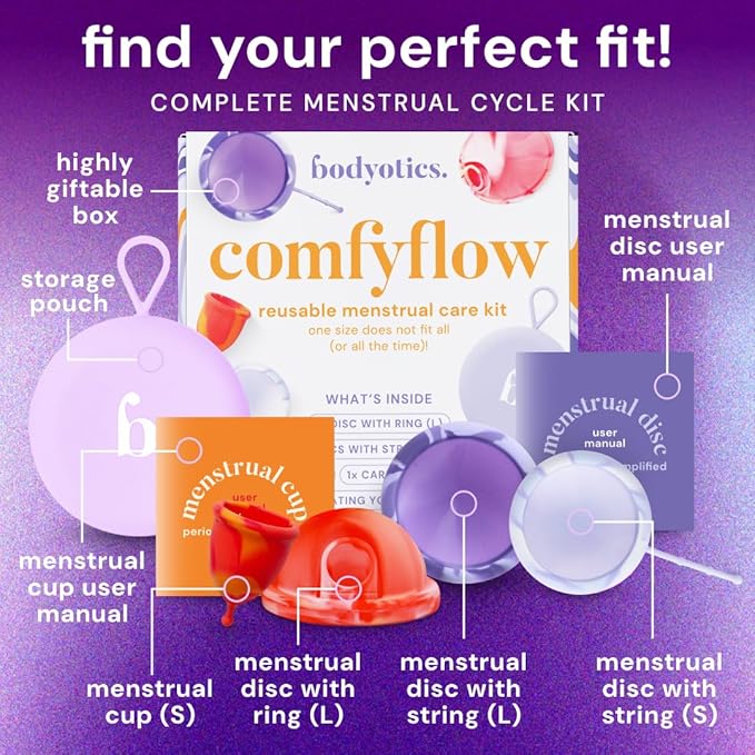 Comfyflow - Reusable Period Care Pack - Menstrual Cup and Discs with String Ring and Carrying Pouch - Comfort-Fit Design - Includes E-Book Guide - 5 Pack