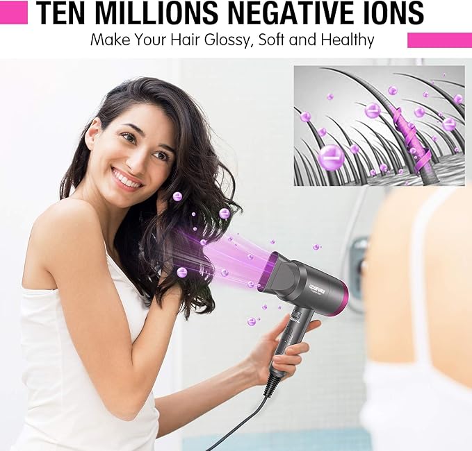 CONFU Ionic Blow Dryer 1600W Portable Lightweight Fast Drying Negative Ion Hairdryer Blowdryer 3 Heat Settings &amp Infinity Speed with Diffuser and Concentrator Nozzle for Home &amp Travel