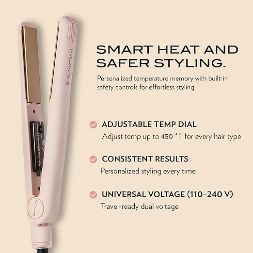 NuMe Fashionista Flat Iron - 1” Tourmaline Hair Straightener - Tourmaline Ceramic Plates - Professional Salon Hair Straightening Styling Flat Iron - Programmable Auto Shut Off - Blush
