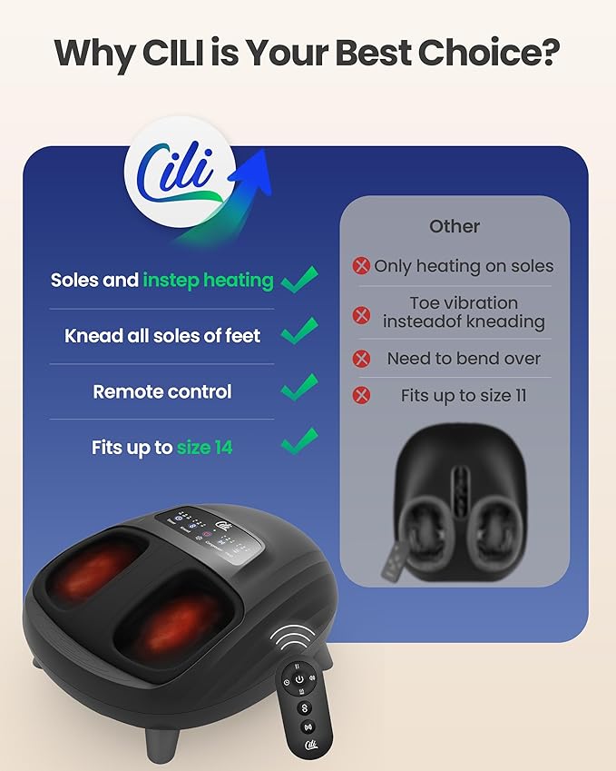 CILI Foot Massager with Heat Shiatsu Foot Massage Machine for Plantar Fasciitis Neuropathy 3 Sole &amp Instep Heating Levels 3 Intensity Adjustable Up to Size 14 Gifts for Him Her