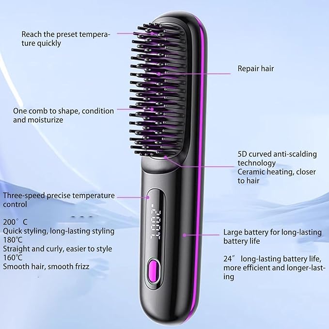 Bella Pro Hair Straightener Brush Portable Cordless Hair Straightener with Heated Hair Comb Ionic Straightener for All Hair Types(White)