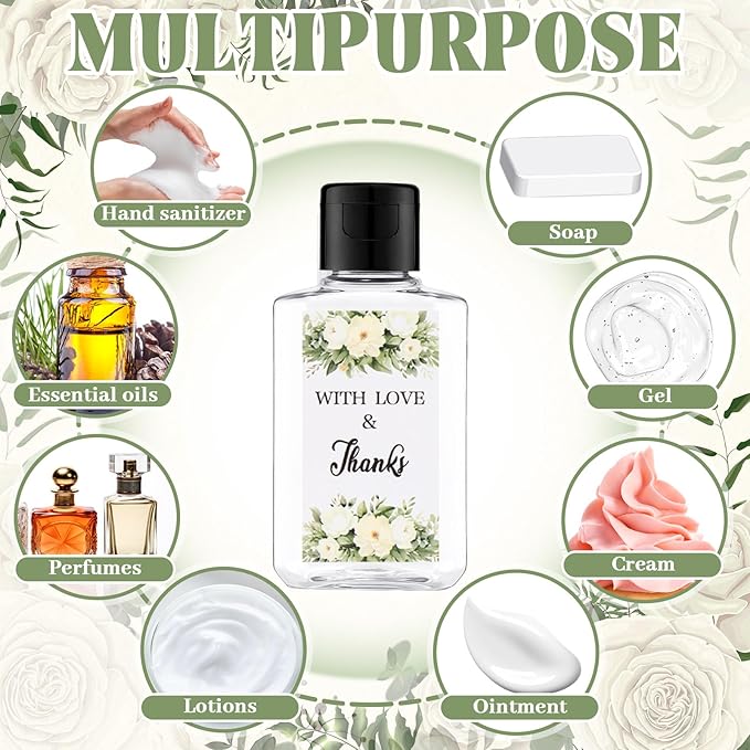 50 Sets Mini Hand Sanitizer Bottles Bulk 2oz Empty Christmas Hand Sanitizer Travel Size Wedding Favors for Guests with Organza Bags Thank You Tags for Woman Employees(Flower Green)