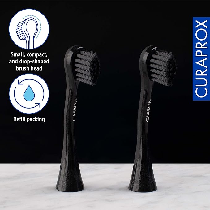 Curaprox Hydrosonic Brush Heads Black is White Carbon Duo – for Effective Plaque Removal &amp Whitening | Sonic Toothbrush Replacement Heads 2-Pack | Swiss Made