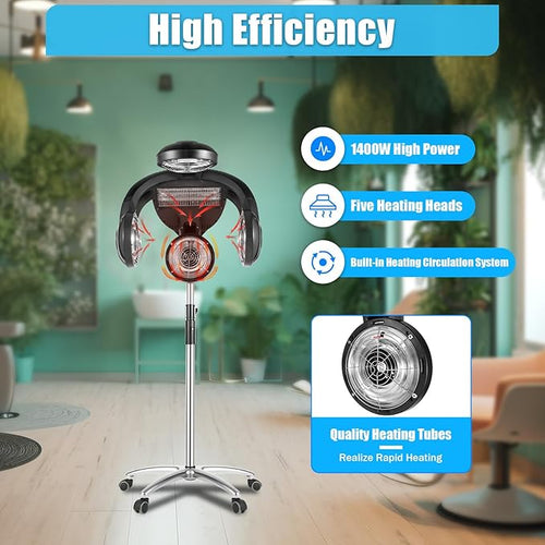 1400w Standing Hair Dryer Salon Professional Infrared Lamp Hair Hood Dryer Hair Dryer with Smooth Wheels Hair Color Processor Hair Hood Dryer Processor Temp Perm Color Heater or Home Use Hair Salons