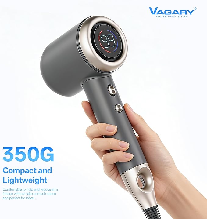VAGARY Hair DryerHigh-Speed Blow Dryer with 500 Million Negative Ions110000 RPMLow NoiseHD Display 5 Temps &amp 2 SpeedsNo Heat Damage Lightweight with Magnetic Concentrator(Gold)