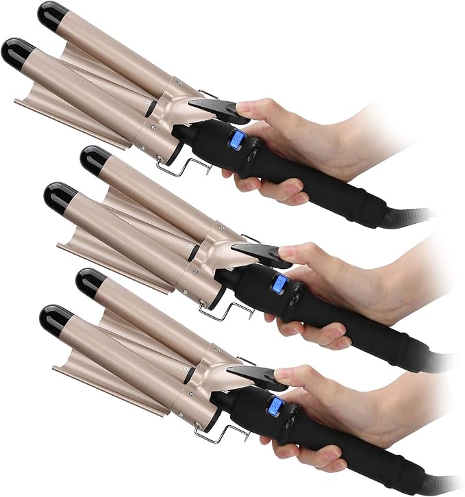 Three Barrel Curling Iron 30 Seconds Hair Waver Waving Styling Hair Curling Iron Gold 3 Barrel Hair Waver Compatiable for Thick and Hard Hair (US32mm)
