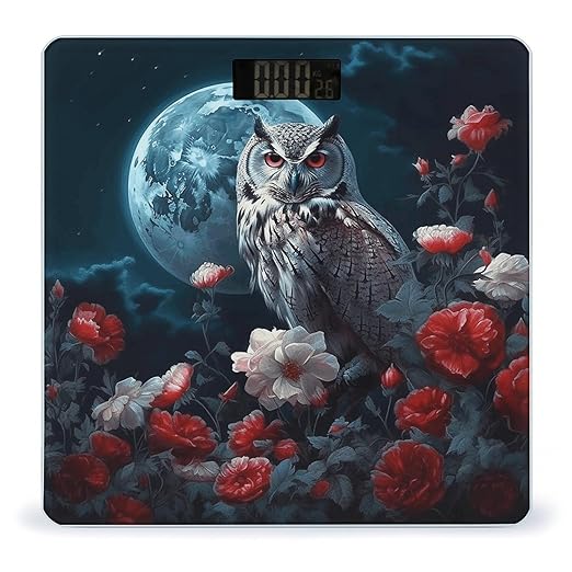 Owl Among Flowers at Night Scale for Body Weight Anti-Slip Tempered Glass Digital Bathroom Scales Clear LCD Display Weighing Scale Safe Rounded Corners Smart Scales