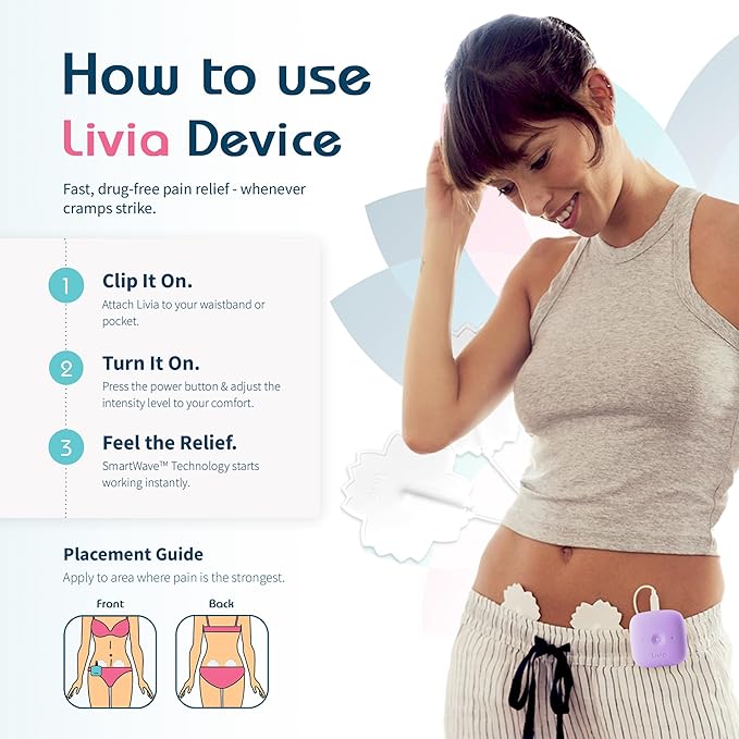 Livia Menstrual Pain Relief Device Lavender – Off-Switch for Period Pain – Portable &amp Discreet – Rechargeable Up to 8 Hours Battery – Complete Kit with Stick-On Pads – The Go-to Travel Partner