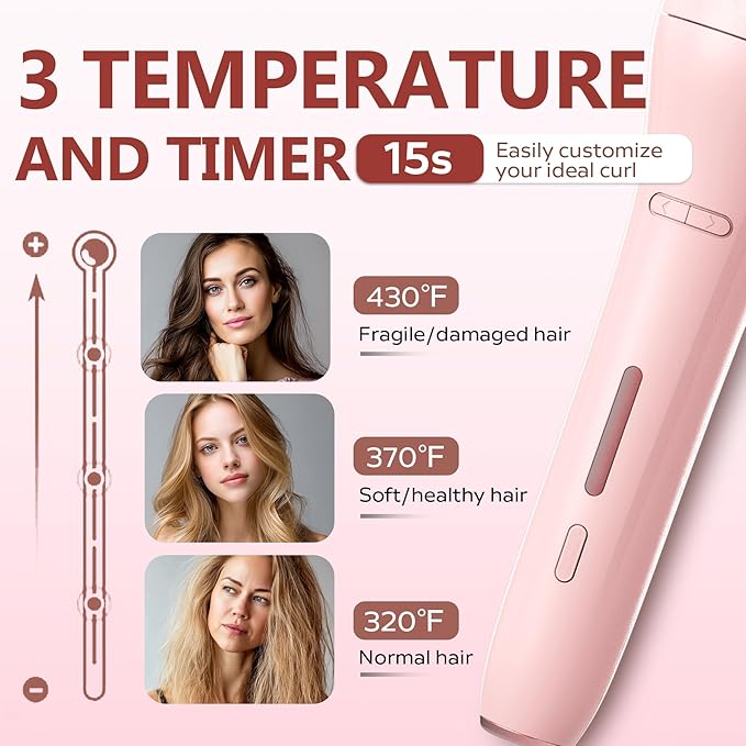 Automatic Rotating Curling Iron with 3 Temperature Fast Heating Auto Hair Curler with Timer Settings Anti-Tangle Automatic Shut-Off and Scalding for Hair Styling Pink
