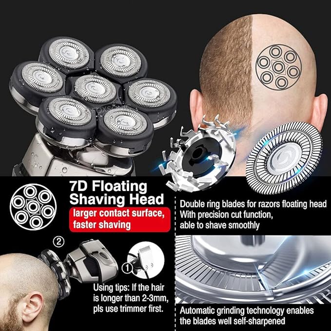 Head Shavers for Bald Men 6-in-1 Men Electric Razor Shaver Bald 7 Cutter Head Shaver Multifunctional Razor Alien Shape IPX6 Waterproof Grooming Kit