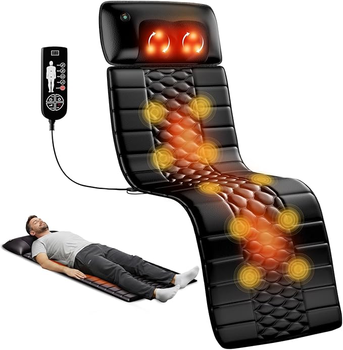 Shiatsu Full Body Massage Mat with Heat Detachable Massager Pad 10 Vibrating Motors 9 Intensity Levels Deep Tissue Pain Relief for Back Neck &amp Legs – Relaxation at Home or Office