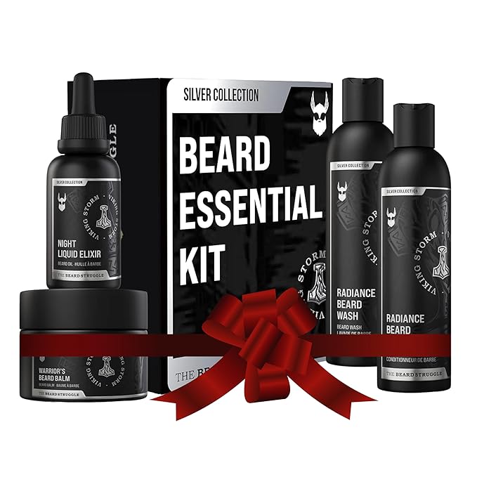 The Beard Struggle Beard Growth Kit for Men includes Beard Balm Beard Oil Beard Wash &amp Beard Conditioner - Silver Collection - Viking Storm