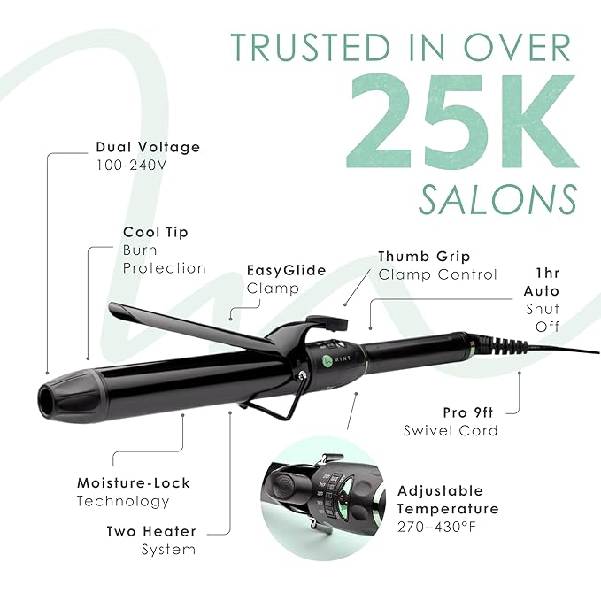 MINT Professional Extra Long Hair Curling Iron 1 1/2 inch | 2-Heater Ceramic Barrel that Stays Hot | 1.5 Inch Hair Iron Curler for Beach Waves | Travel-Ready International Dual Voltage