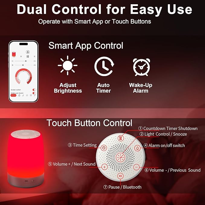 Red Light Sleep Sound Machine – Night Light for Bedroom with 5-Level Red Light Therapy (620–690nm) 32 White Noise &amp Nature Sounds Smart App Control Timer &amp Wake-Up Alarm Clock