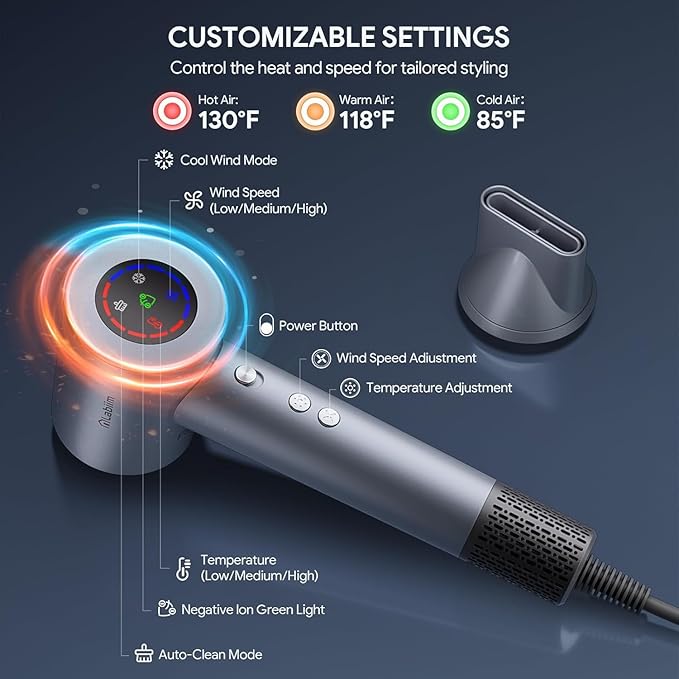 Hair Dryer High-Speed Ionic Low Noise Blow Dryer with Brushless Motor for Fast Drying Thermo-Control Quiet Compact Hair Blow Dryer Hairdryer with 1 Nozzle Attachments for Home Salon Travel
