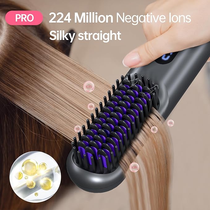 Cordless Hair Straightener Brush-Portable Straightening Comb 9600mAh Batt Plasma Tech 9 Temp-Settings &amp LED Display for Travel &amp Home (Metallic Grey)