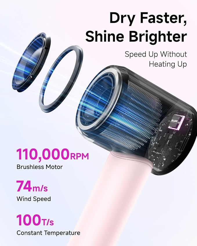 PLUZZ Professional Hair Dryer with Diffuser for Curly Hair 400M Negative Ionic Blow Dryer for Fast Drying 120000 RPM High-Speed Brushless Motor Low Noise Lightweight Travel-Friendly (Pink)