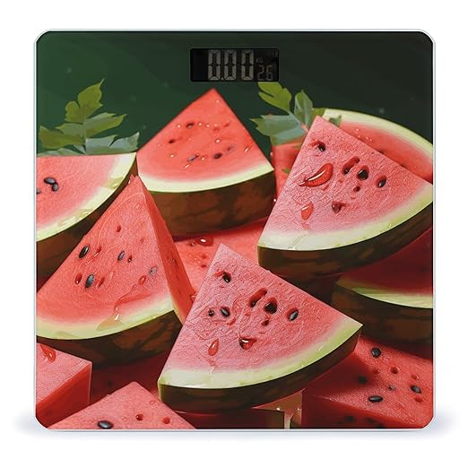 Ripe Watermelon Slice Seeds Scale for Body Weight Anti-Slip Tempered Glass Digital Bathroom Scales Clear LCD Display Weighing Scale Safe Rounded Corners Smart Scales