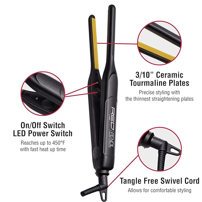 KISS Pencil Flat Iron &amp Heat Protector Spray Bundle - Ceramic Tourmaline Plates - 0.3 x 0.3 - 450F Max Temp - Straightens Short to Medium Hair