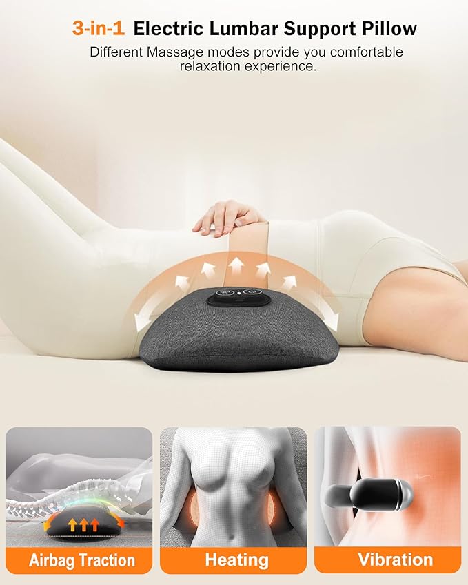 FSA Eligible HSA Triple Fusion Back MassagerSmooth Electric Lumbar Support Pillow Spine Back Massager with Heat &ampVibrating Massage AirbagTractionBack Support Pillow for Relief Deep Tissue
