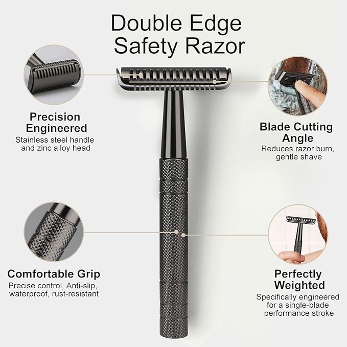 Black Stainless Steel Safety Razor with Extra 50 Safety Razor Blades