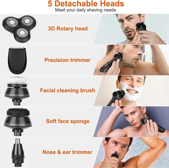 5 in 1 Electric Razor Shaver Rechargeable Cordless Head Beard Trimmer Shaver Kit Ipx6 Waterproof Dry Wet Grooming Kit 3D Rotary Blade