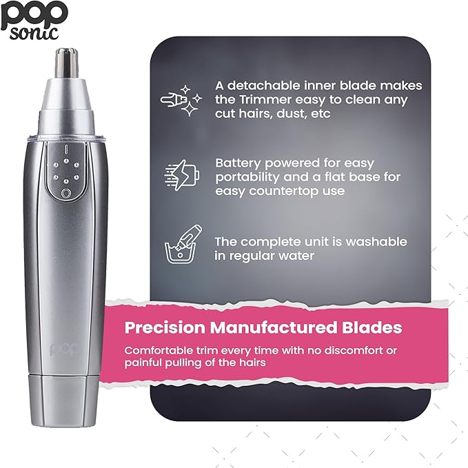 Ear and Nose Hair Trimmer for Men &amp Women (Silver) – Battery Operated Precision Trimmer for Unwanted Hair – Washable Detailer Trimmer w/ Detachable Blade &amp Flat Base – Portable Grooming Tools