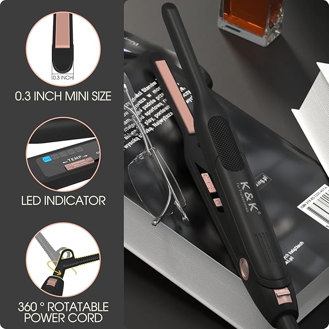 K&ampK Mini Flat Iron for Short Hair 3/10 inch Small Hair Straightener for Pixie &amp Beard creamic Flat Iron for Women Dual Voltage Auto Shut Off