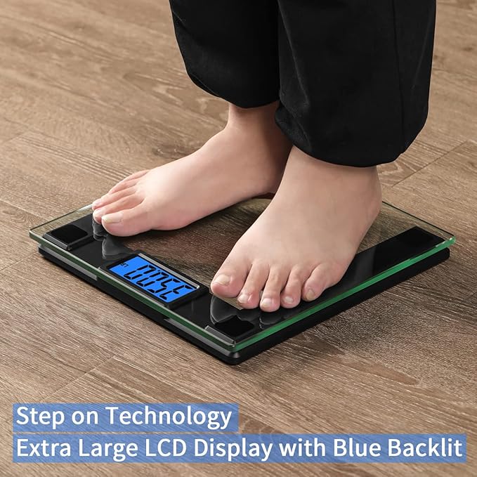 Vitafit 550lb Digital Bathroom Scale for Body Weight and BMI Via Smart APP High Accuracy Assured by Weighing Professional Since 2001 8mm Tempered Glass Extra Large Blue Backlit LCD Black