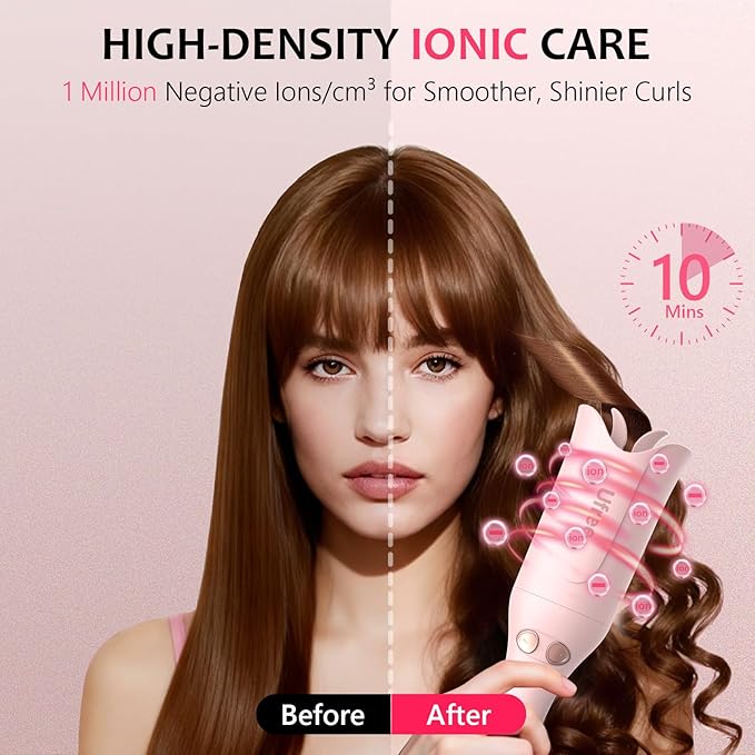 Ufree Automatic Rotating Curling Iron 1 Inch Ceramic Curling Wand 1-Click Hair Curler with 3 Heat &amp Timers Anti-Scald Design 1M Ionic Care Dual Voltage for Travel Beach Waves Rose Gold