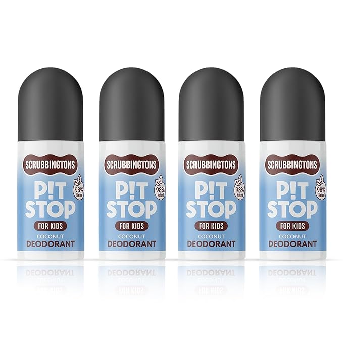 Scrubbingtons Pit Stop Kid’s Deodorant Children’s Roll-On Deodorant with Gentle Formulation Aluminium and Alcohol Free Coconut Scent – 75ml Quad Pack