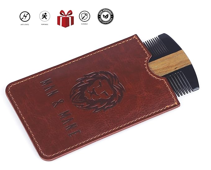 Premium Natural Ox horn and Sandalwood Beard Comb Dual-Action | Double Sided Beard &amp Mustache Comb with Brown Protective Case | Perfect Grooming Companion &amp Gift for Men – by Man &amp Mane