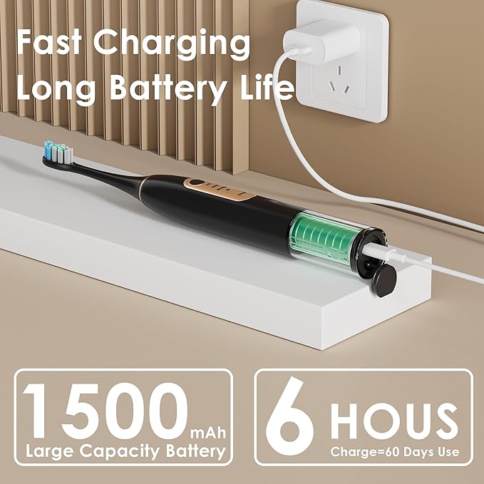 38000 VPM Sonic Electric Toothbrush Set with 6 Brush Heads-2 Minute Timer-4 Cleaning SettingsIPX7 WaterproofLightweight and USB Rechargeable Toothbrush for Oral Care (E0010-Black)