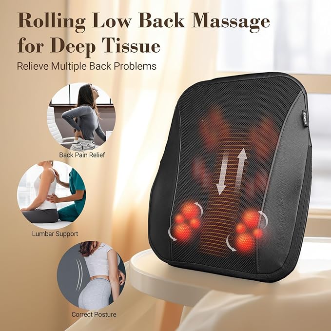 FSA Eligible Cordless Back Massager for Pain Relief Deep Tissue HSA Approved Up and Down Rolling Low Back Massager with Heat Portable Shiatsu Lower Back Massage for Home Office