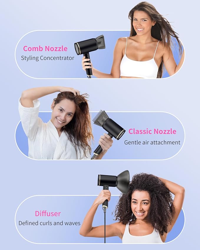 Foldable Portable Ionic Hair Dryer 1600W - Compact Mini Blow Dryer with Diffuser Concentrator &amp Comb Nozzle Intelligent Temperature Control Low Noise for Home Salon &amp Travel (Black)