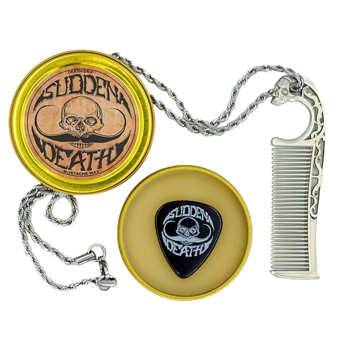 Mustache Wax Strong Hold Sudden Death 1 oz Tin &amp Necklace Death Grip Mustache Comb Mens Combo Kit - Grooming For Men Handlebar Moustache