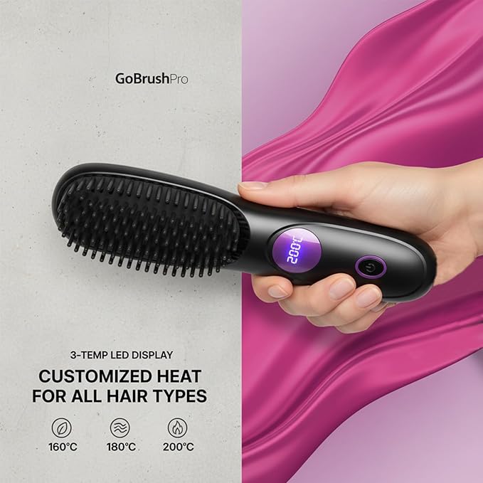 Go Brush Pro Gobrush Pro Portable Straightener Brush Cordless Hair Straightener Brush for Short Hair 3 Adjustable Temperature LED Display Upgraded Fast Heating Hairs Comb for Women Travel (Black)