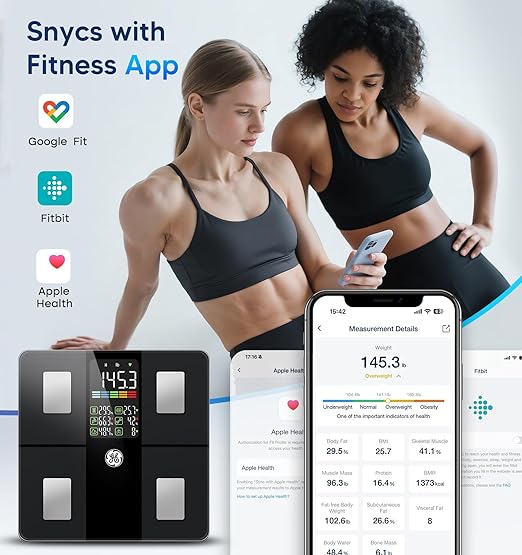 GE Scale for Body Weight Body Fat BMI Muscle Mass Smart Bathroom Scales with 14 Body Composition Metrics with Large Display Accurate Bluetooth Weighing Machine with Fitness App 400 lbs Black