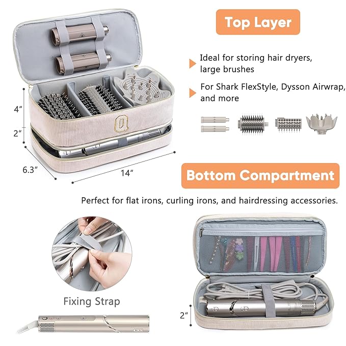 Initial Personalized Hair Tools Travel Bag Double-Layer Hair Dryer Case Compatible with Shark FlexStyle/SmoothStyle Dysson Airwrap &amp Supersonic – Hair Tool Organizer for Travel &amp Home
