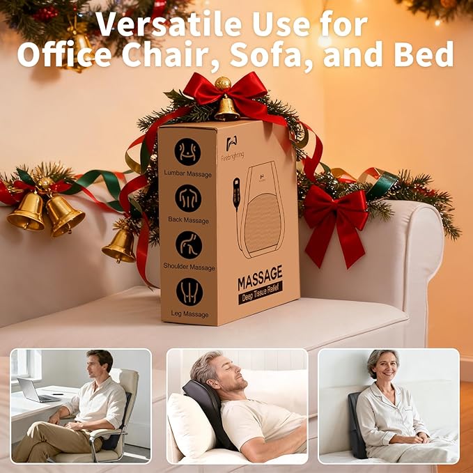 Firebrighting Electric Back Massager with Heat for Office Chair - Shiatsu Deep Kneading Massage Pillow Back Comfort Support for Meetings and Reading Adjustable StrapGifts for Dad Mom Men Women