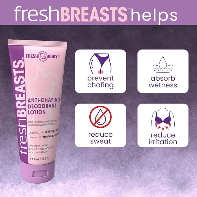 Fresh BREASTS Anti Chafing Deodorant Lotion to Powder 3.4oz (2 Pack) - Anti Chafe Cream Whole Body Deodorant for Women Inner Thighs &amp Areas that Sweat No Talc Aluminum or Added Fragrance