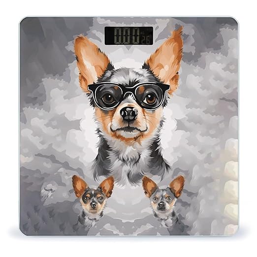 Chihuahua Dog Glasses Bathroom Scale Large LCD Backlight Display Digital Scale Rounded Corners Body Scales Automatic Power On/Off Bathroom Scales for Home Bedrooms